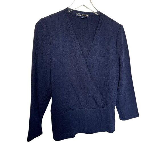 St. John Basics Navy Blue Santana Knit Mock Wrap long sleeve top size Large - Picture 6 of 6